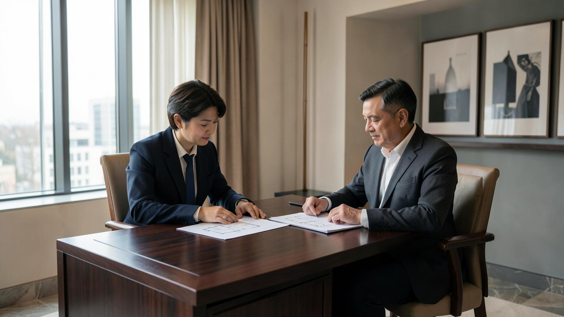 Two professionals reviewing property plans in a discreet private office