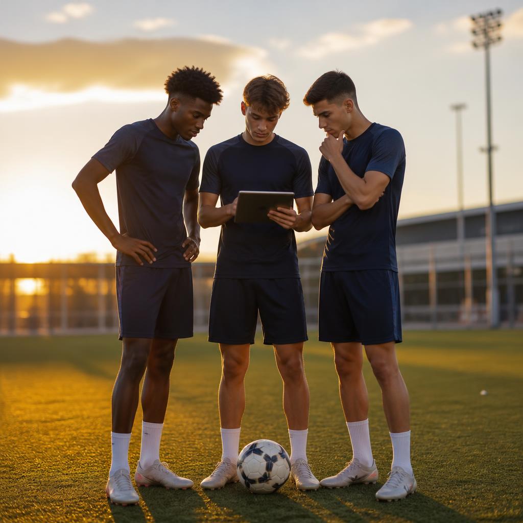 Three 18-year-old football academy players reviewing a tablet together at golden hour on a training pitch