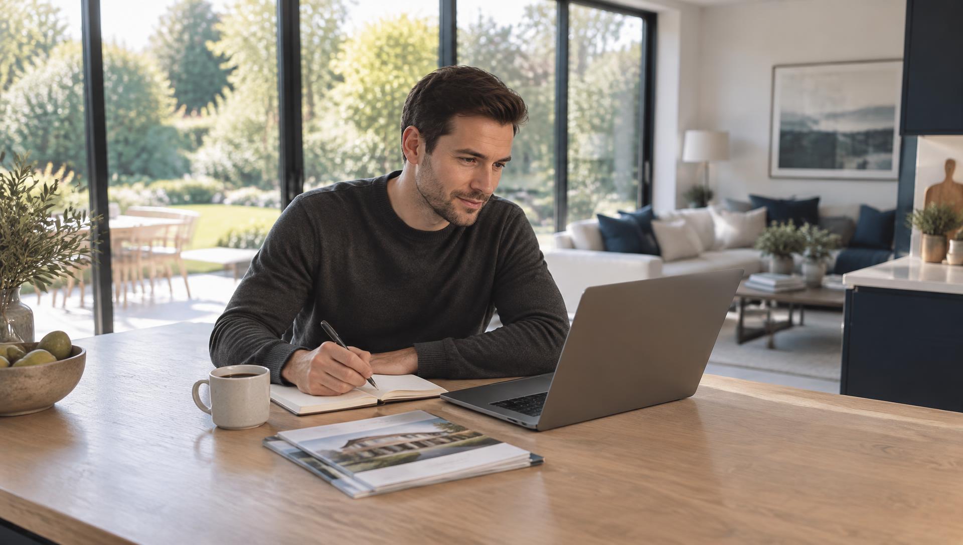 A man in his early thirties in a plain jumper making notes beside an open laptop at a pale oak kitchen island, coffee and property brochures nearby, soft morning daylight through tall windows