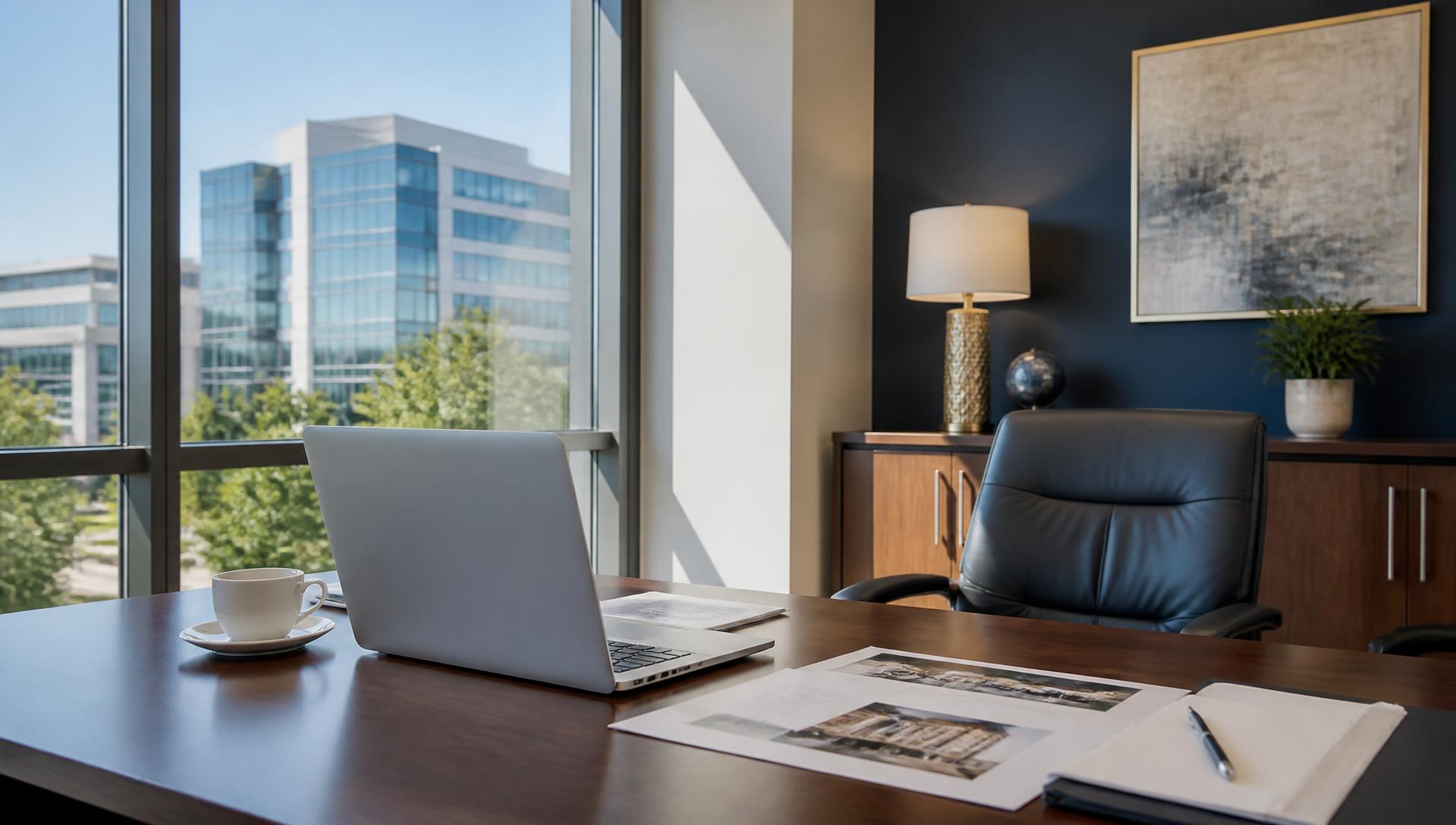 A clean modern office desk with property paperwork, laptop and coffee in bright daylight