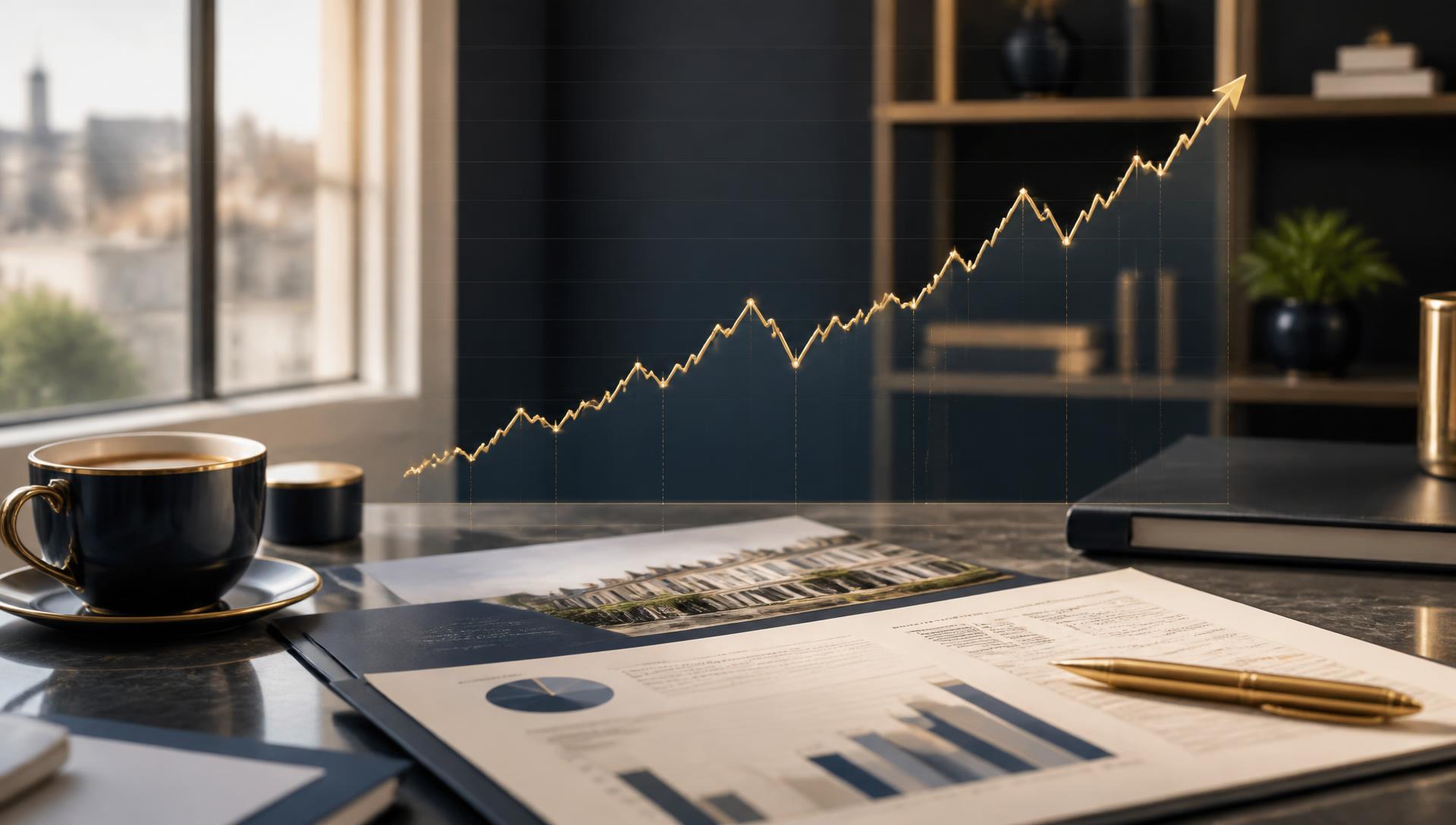 A modern office desk with property market reports, coffee and a brass pen, with an upward gold line chart showing long-term UK house price growth