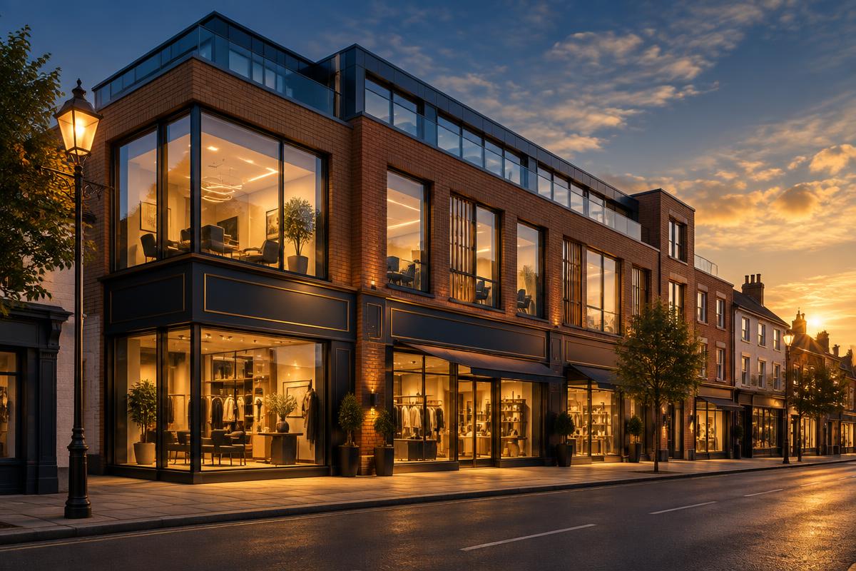 A modern mixed-use commercial building with retail units and offices on a quiet British high street at golden hour