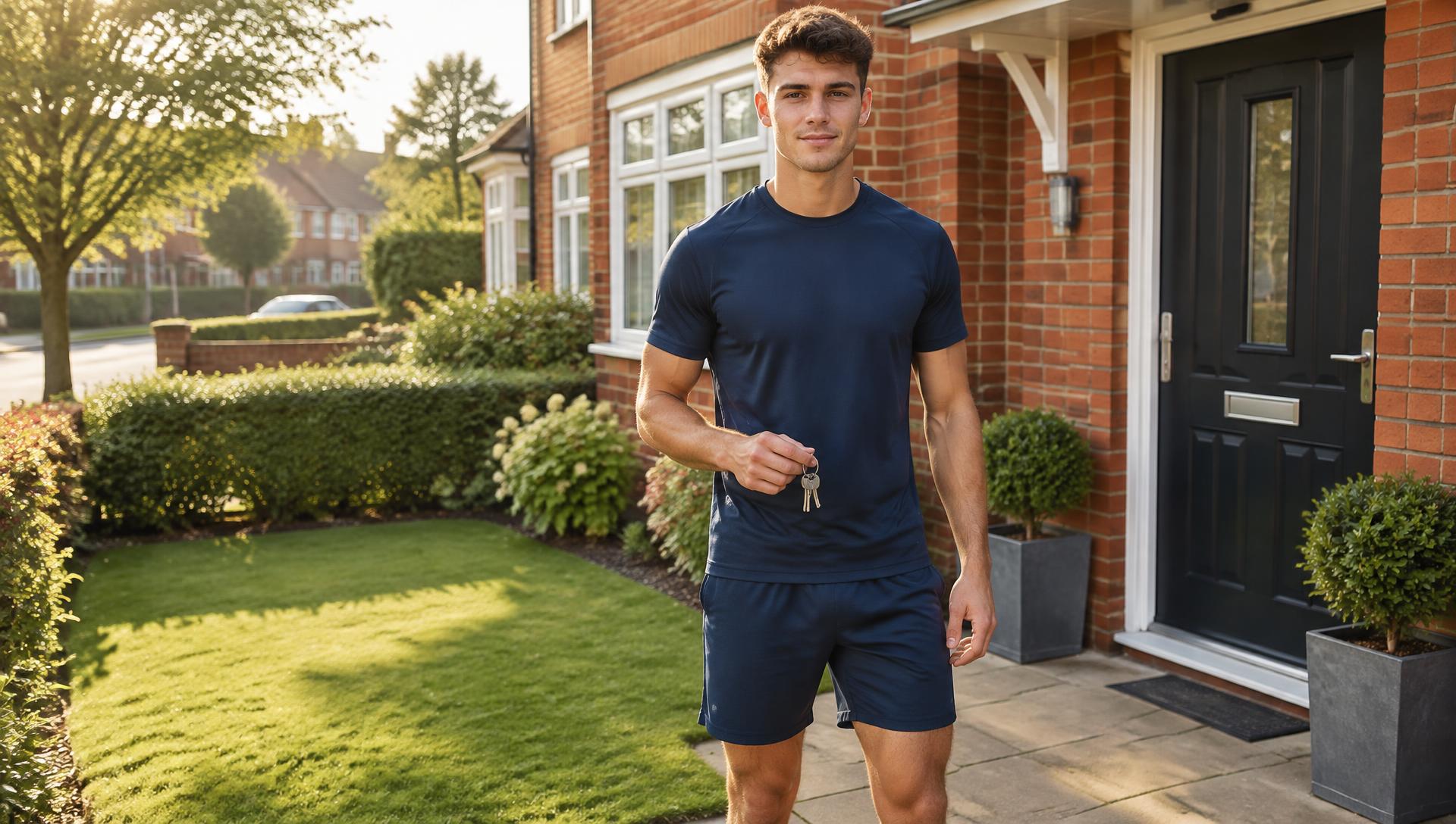 A young footballer in his early twenties in plain navy training gear holding front-door keys on the path of a smart red-brick home in bright morning light