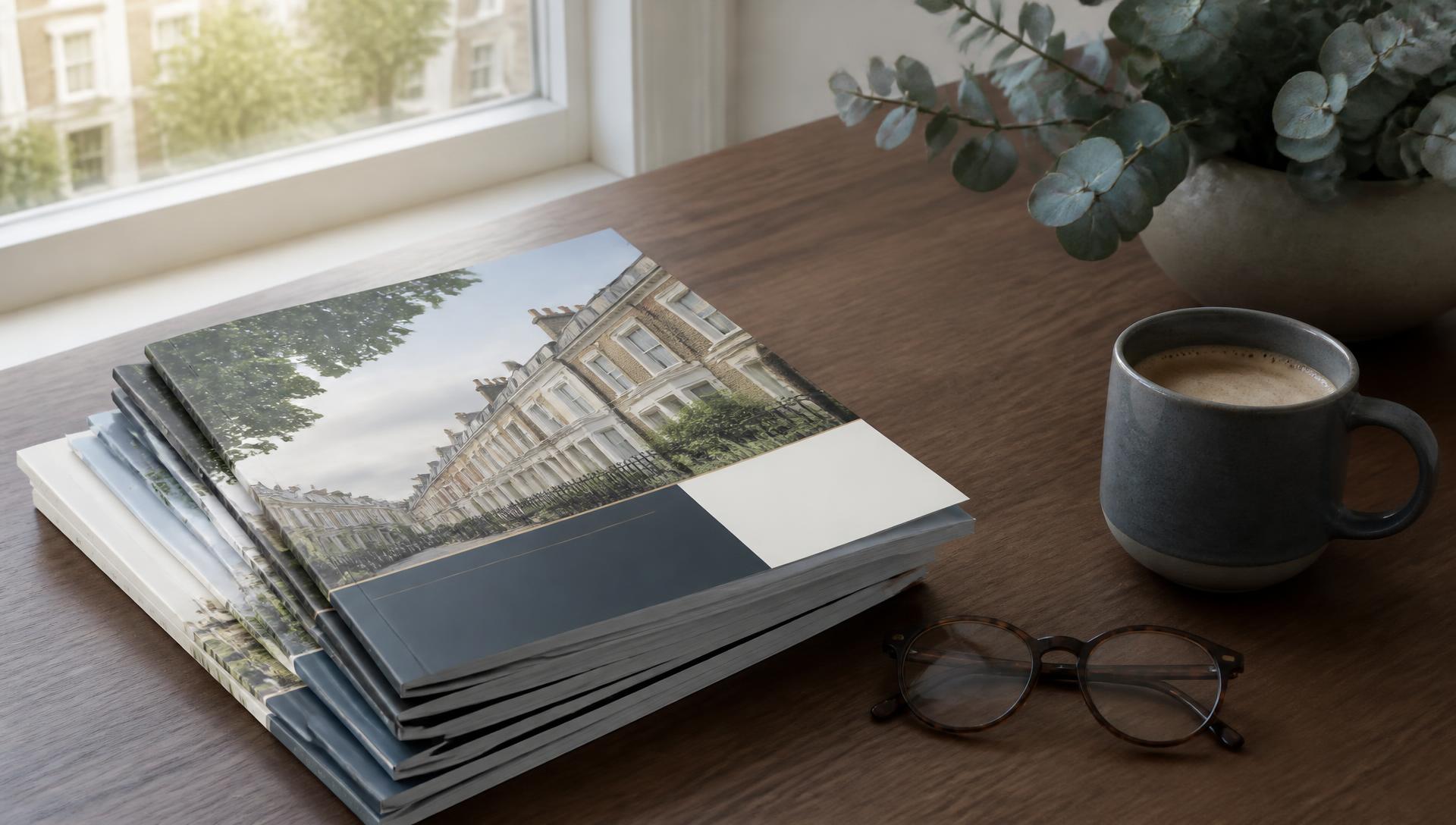 Property brochures, reading glasses and coffee on a walnut desk beside a bright window