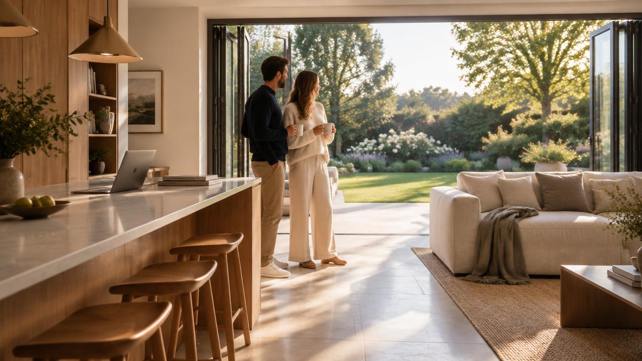A young couple with coffee in a bright open-plan kitchen of a modern family home, looking out through open bi-fold doors onto a landscaped garden