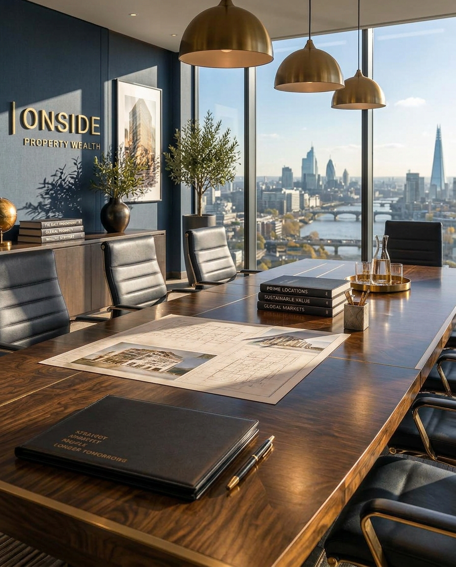 A refined boardroom with the Onside Property Wealth logo displayed on the wall