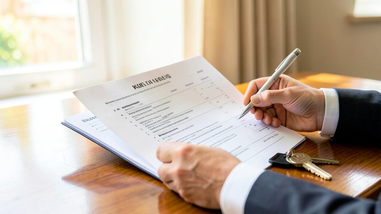 A consultant reviewing property paperwork with keys on a polished desk in warm daylight