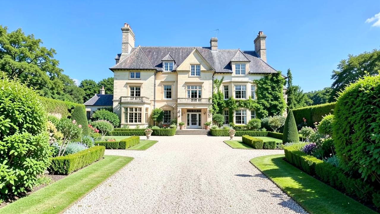 A luxurious English country house with manicured gardens and a gravel drive under a blue sky