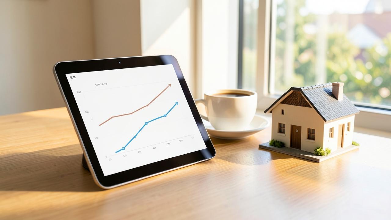 A tablet showing rising portfolio charts beside a coffee cup and a model house on a desk by a window