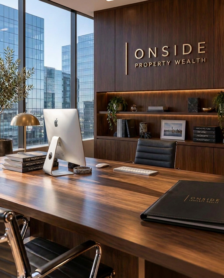A bright daytime modern executive office with an Apple Mac desktop, Onside Property Wealth branding on the wall, and modern office blocks visible through the window